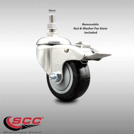 Service Caster 3 Inch 316SS Black Polyurethane Swivel 10mm Stem Caster Total Lock Brake SCC SCC-SS316TSTTL20S314-PPUB-BLK-M1015